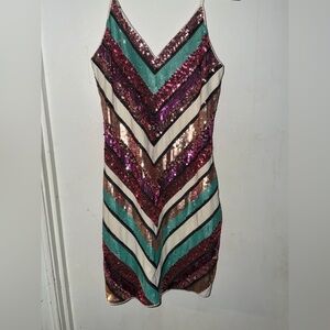 Express Sequin Chevron Mini Dress - Pink, Green, White size small lined